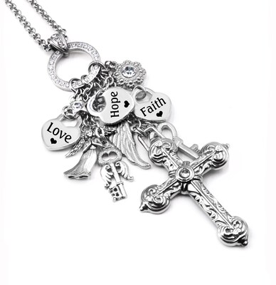 Cross Charm Necklace, Religious Jewelry, Faith Hope Love - image4